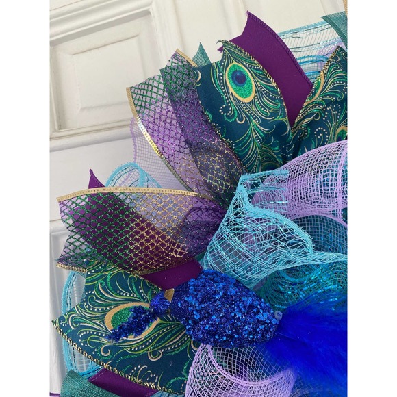 Peacock Feathers Deco Mesh Ribbon Wreath Year Round Everyday Wall Hanger Decor - Picture 6 of 9